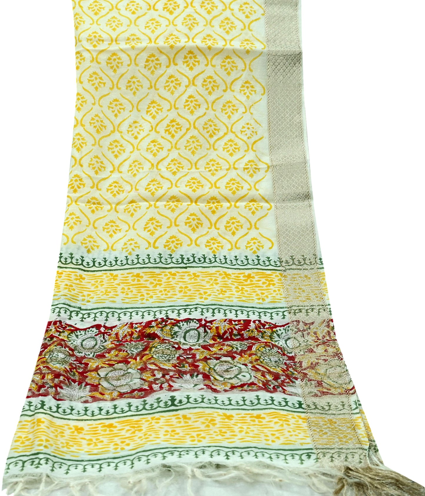 Indian Vintage Dupatta Ivory Long Stole Printed Woven Chanderi Scarf Veil Soft Floral Zari Boho