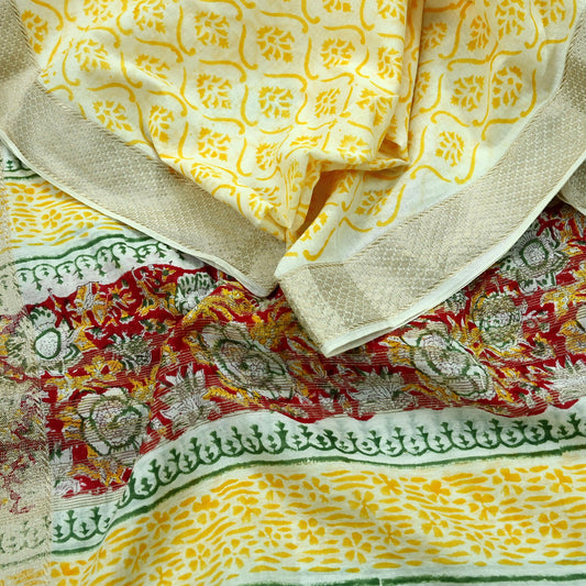 Indian Vintage Dupatta Ivory Long Stole Printed Woven Chanderi Scarf Veil Soft Floral Zari Boho