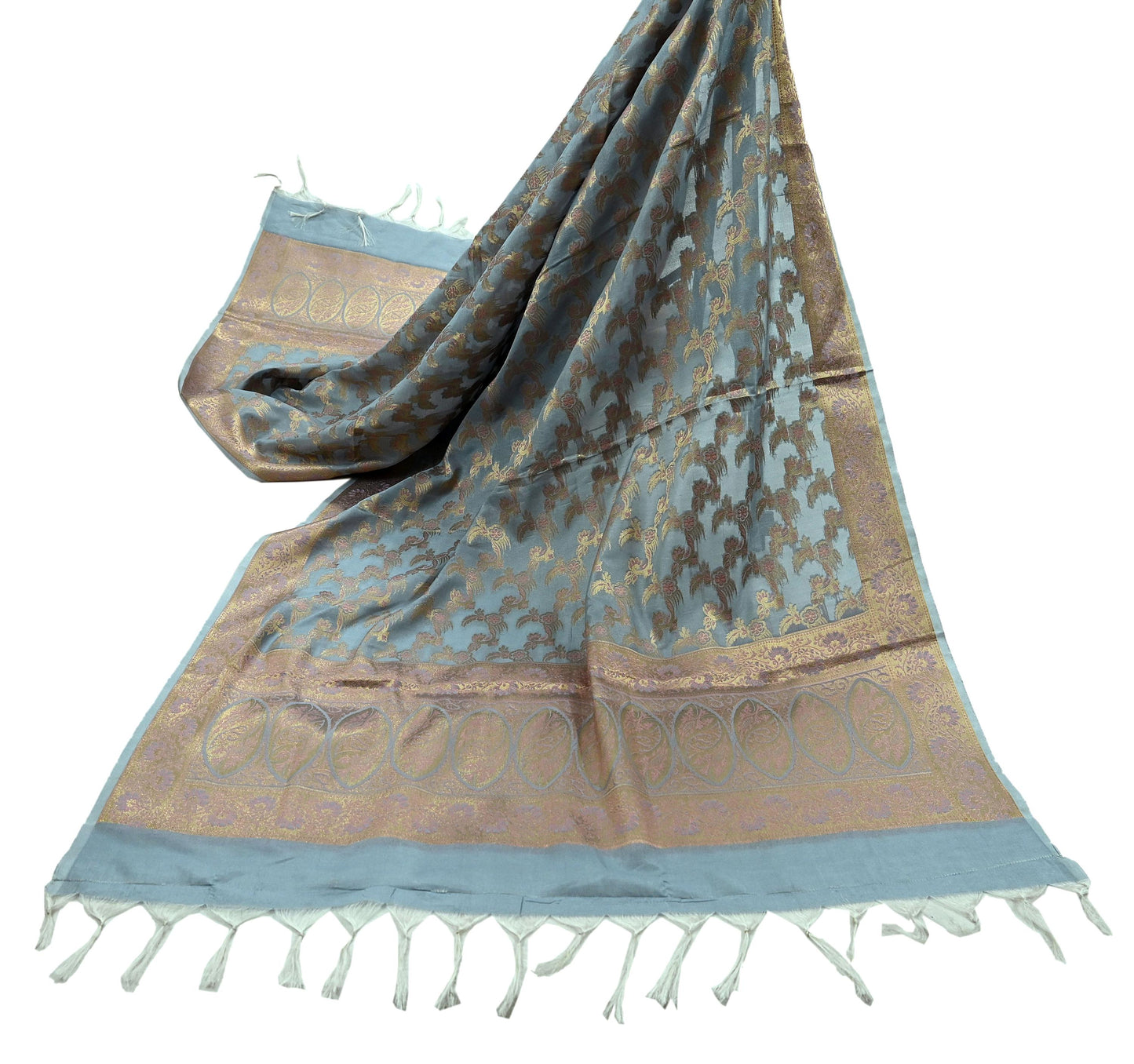 Indian Vintage Dupatta Gray Long Stole Artificial Silk Woven Brocade Scarves Veil Scarf Wrap Hippie Boho Soft Floral