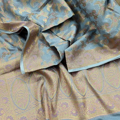 Indian Vintage Dupatta Gray Long Stole Artificial Silk Woven Brocade Scarves Veil Scarf Wrap Hippie Boho Soft Floral