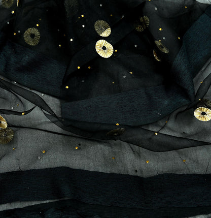 Indian Vintage Dupatta Black Long Stole Organza Woven Hand Painted Scarves Veil Zari Soft Floral Design