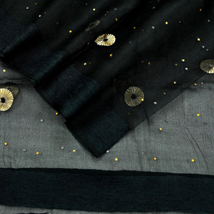 Indian Vintage Dupatta Black Long Stole Organza Woven Hand Painted Scarves Veil Zari Soft Floral Design