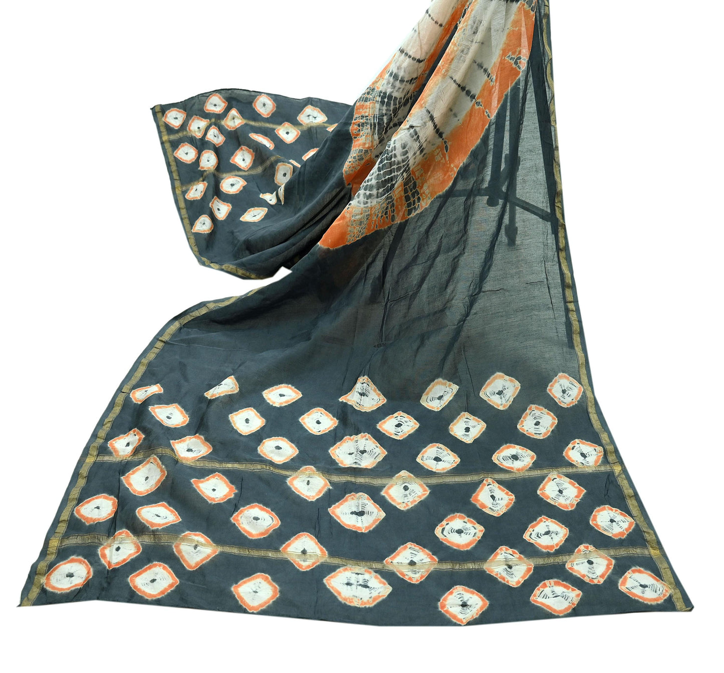 Indian Vintage Gray Dupatta Long Stole Hand Tie-Dye Print Pure Chanderi Silk Scarves Veil Golden Zari