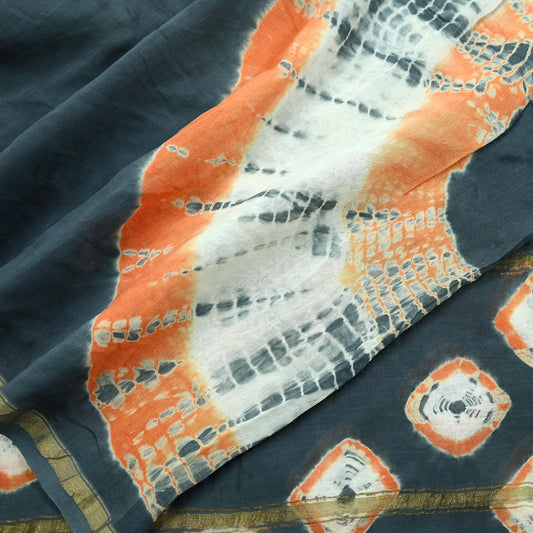Indian Vintage Gray Dupatta Long Stole Hand Tie-Dye Print Pure Chanderi Silk Scarves Veil Golden Zari