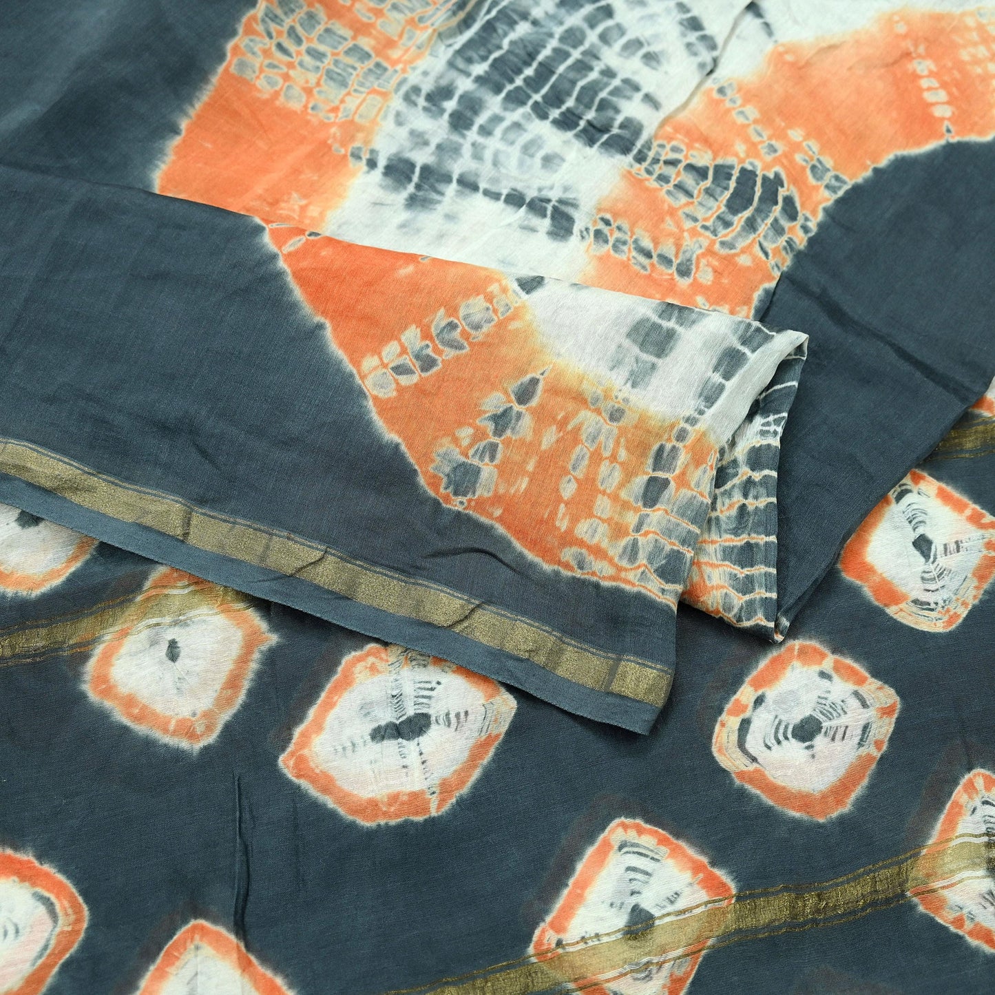 Indian Vintage Gray Dupatta Long Stole Hand Tie-Dye Print Pure Chanderi Silk Scarves Veil Golden Zari