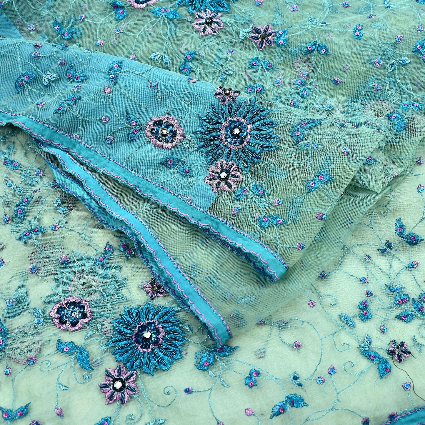 Indian Vintage Green Saree Net/Mesh Hand Embroidered Sari Craft Fabric 5Yd Sewing Soft Silver Zardozi/Dabka Zari Sequins