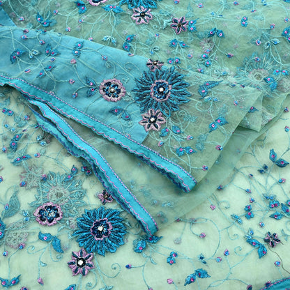Indian Vintage Green Saree Net/Mesh Hand Embroidered Sari Craft Fabric 5Yd Sewing Soft Silver Zardozi/Dabka Zari Sequins