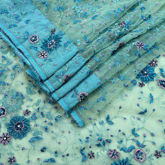 Indian Vintage Green Saree Net/Mesh Hand Embroidered Sari Craft Fabric 5Yd Sewing Soft Silver Zardozi/Dabka Zari Sequins