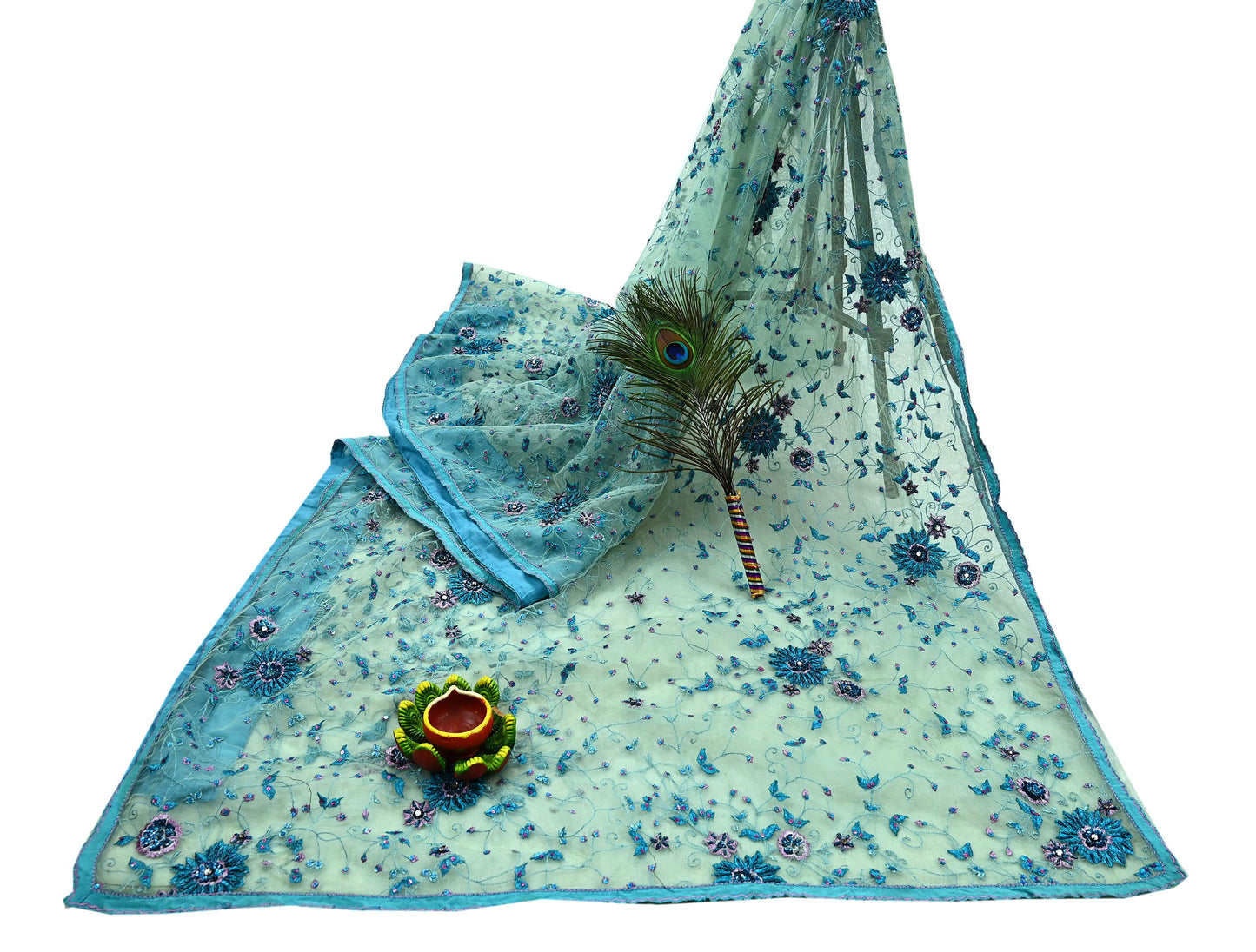 Indian Vintage Green Saree Net/Mesh Hand Embroidered Sari Craft Fabric 5Yd Sewing Soft Silver Zardozi/Dabka Zari Sequins