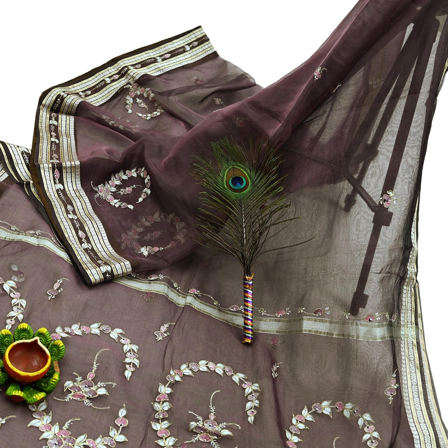 Indian Vintage Sarees Purple Pure Organza Silk Hand Woven/Painted Sari 5yd Ethnic Floral Craft Fabric Dress making Upcycle Crafting Zari