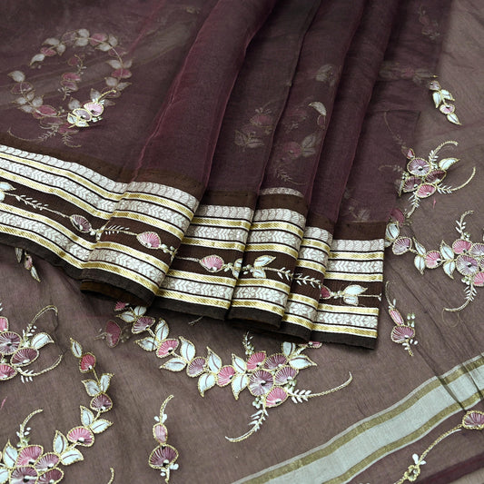 Indian Vintage Sarees Purple Pure Organza Silk Hand Woven/Painted Sari 5yd Ethnic Floral Craft Fabric Dress making Upcycle Crafting Zari