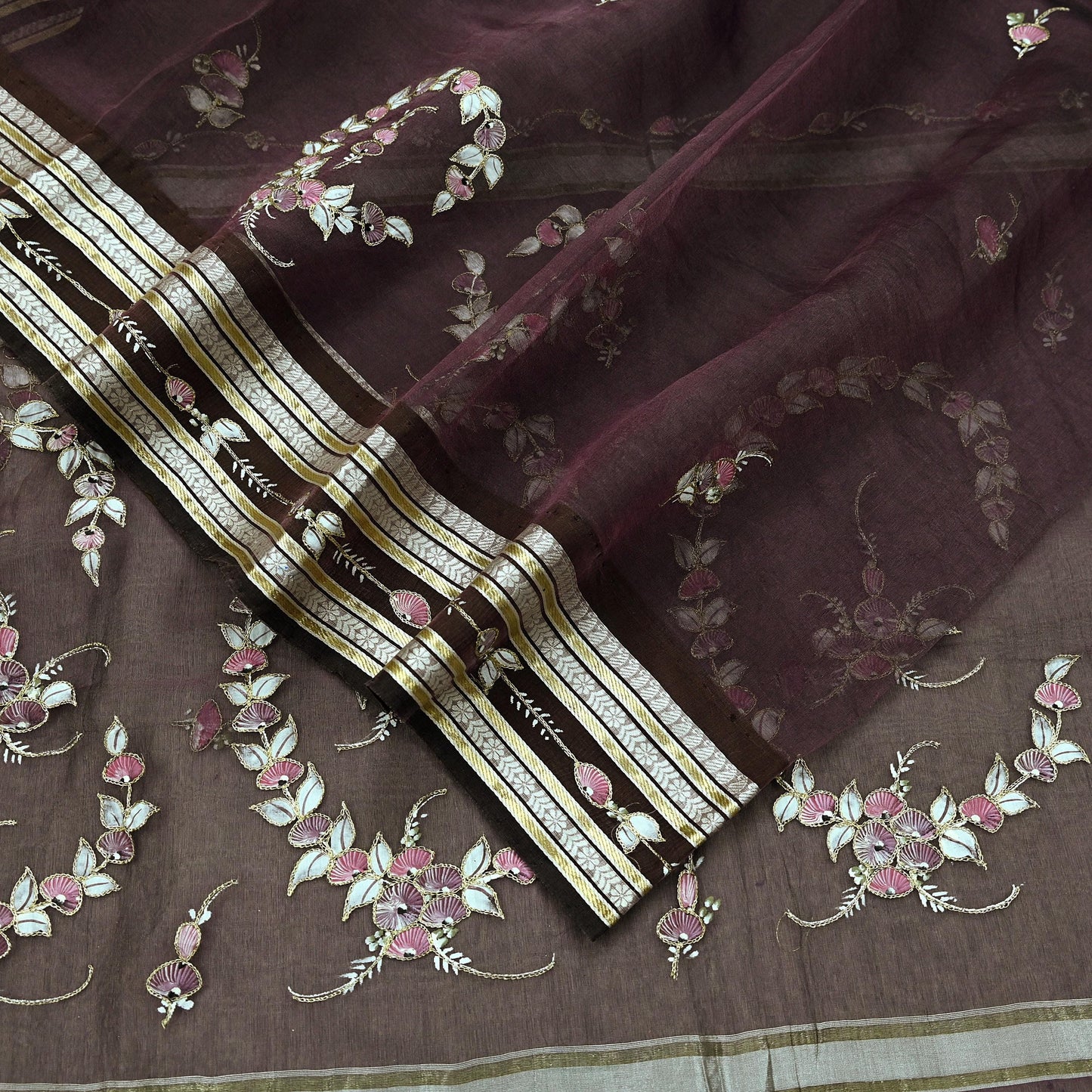 Indian Vintage Sarees Purple Pure Organza Silk Hand Woven/Painted Sari 5yd Ethnic Floral Craft Fabric Dress making Upcycle Crafting Zari