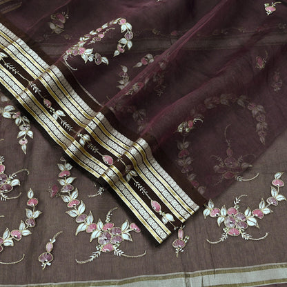 Indian Vintage Sarees Purple Pure Organza Silk Hand Woven/Painted Sari 5yd Ethnic Floral Craft Fabric Dress making Upcycle Crafting Zari