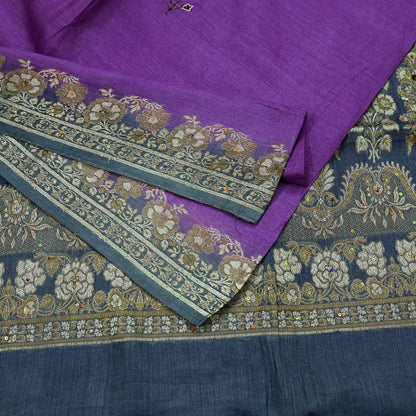 Indian Vintage Sari Purple & Gray Pure Tussar Silk Hand Woven Sarees Craft Fabric 5Yd Sewing Ethnic Dress making Quilting Crafting Upcycle
