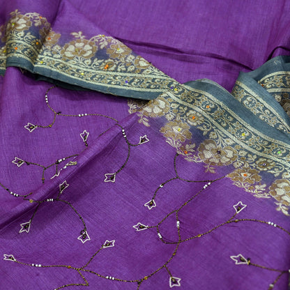 Indian Vintage Sari Purple & Gray Pure Tussar Silk Hand Woven Sarees Craft Fabric 5Yd Sewing Ethnic Dress making Quilting Crafting Upcycle