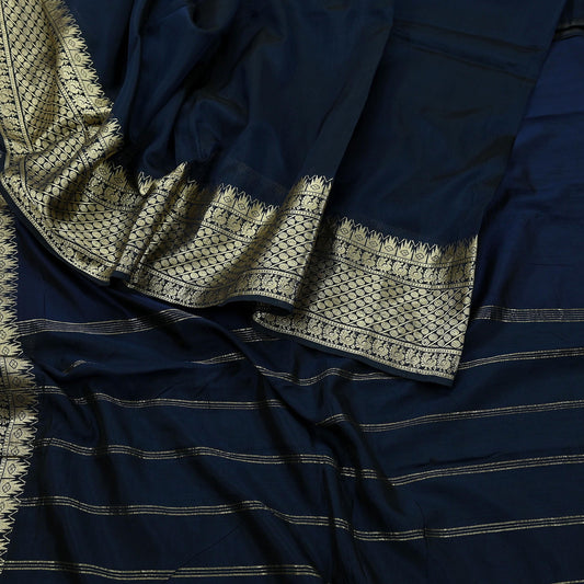 Indian Vintage Sari Deep Blue Mysore Silk Woven Sarees Craft Fabric 5Yd Ethnic South silk Dress Making Crafting Upcycle Quilting Zari Border