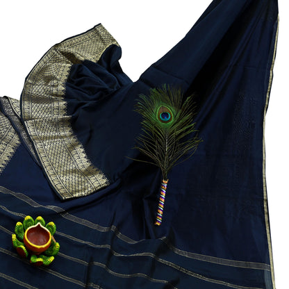 Indian Vintage Sari Deep Blue Mysore Silk Woven Sarees Craft Fabric 5Yd Ethnic South silk Dress Making Crafting Upcycle Quilting Zari Border