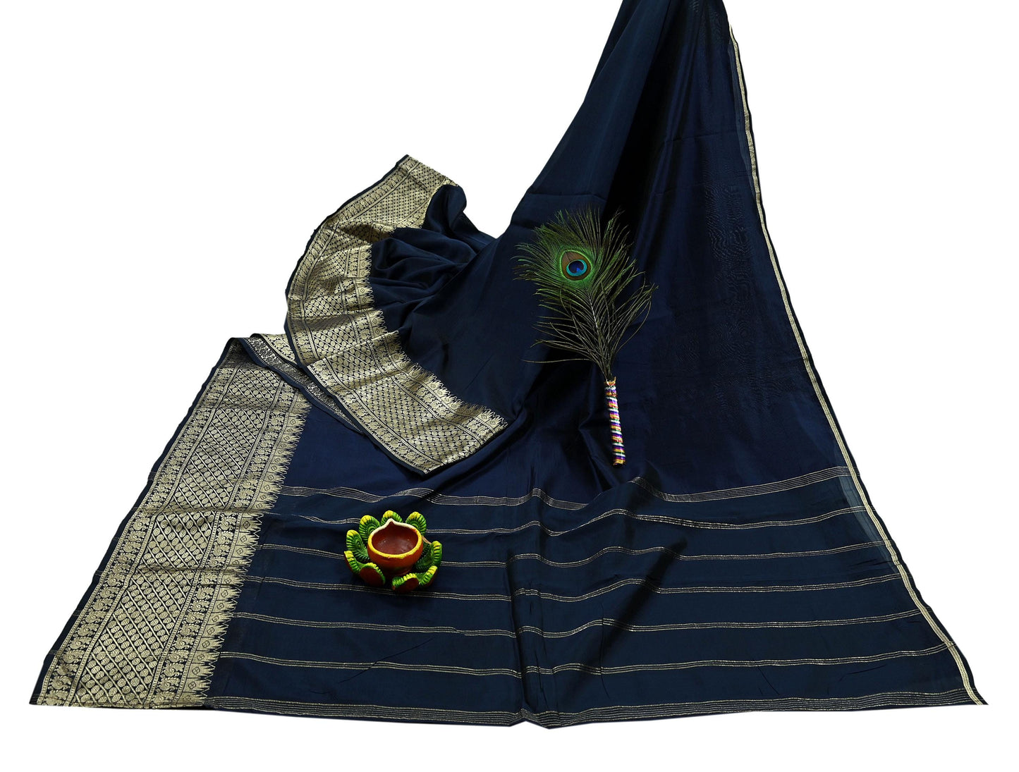 Indian Vintage Sari Deep Blue Mysore Silk Woven Sarees Craft Fabric 5Yd Ethnic South silk Dress Making Crafting Upcycle Quilting Zari Border
