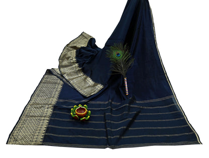 Indian Vintage Sari Deep Blue Mysore Silk Woven Sarees Craft Fabric 5Yd Ethnic South silk Dress Making Crafting Upcycle Quilting Zari Border