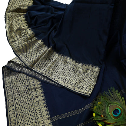 Indian Vintage Sari Deep Blue Mysore Silk Woven Sarees Craft Fabric 5Yd Ethnic South silk Dress Making Crafting Upcycle Quilting Zari Border