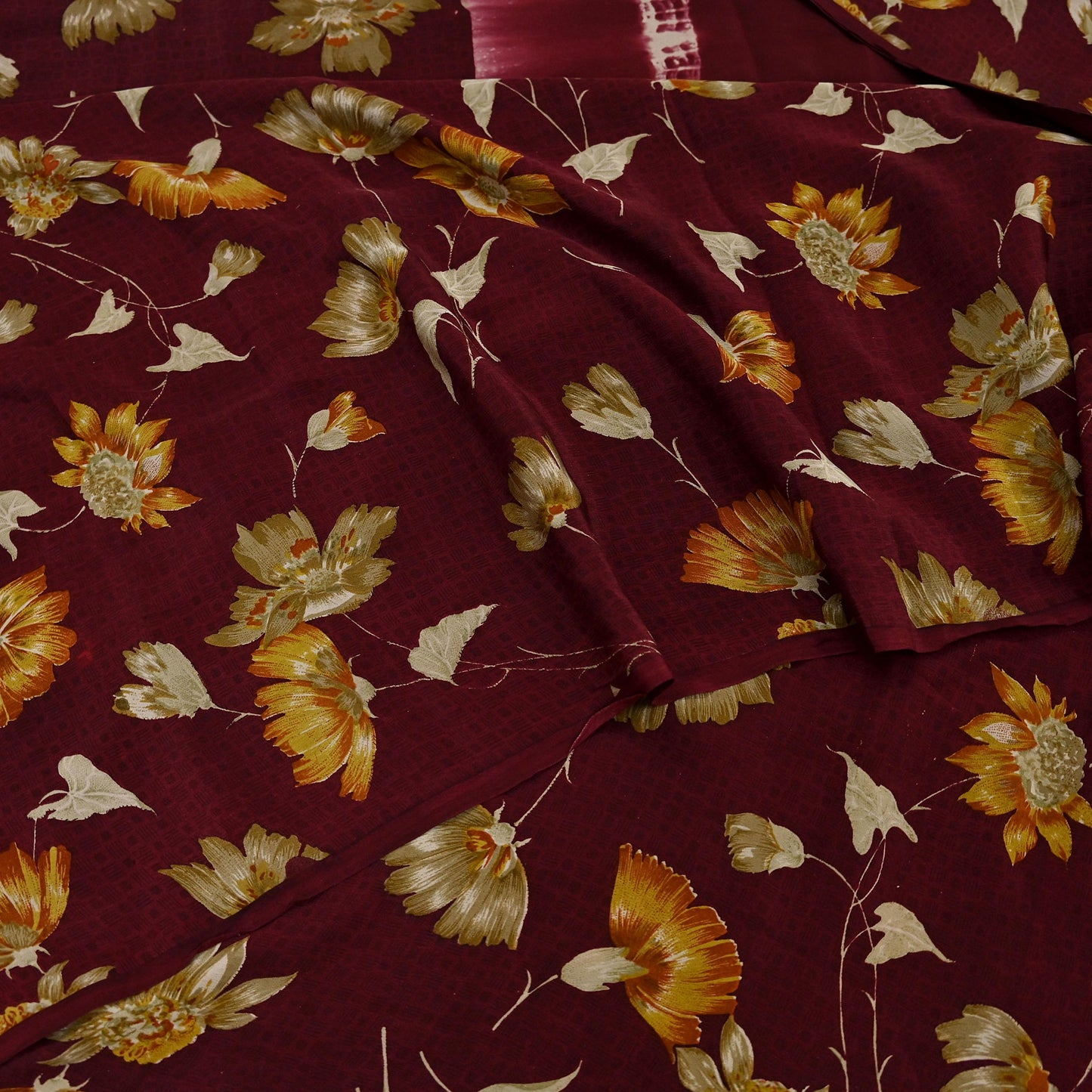 Indian Vintage Maroon Saree Pure Crepe Silk Printed Sari 5yd Sewing Floral Soft Craft Fabric Ethnic Wrap Dress making For Crafting Quilting