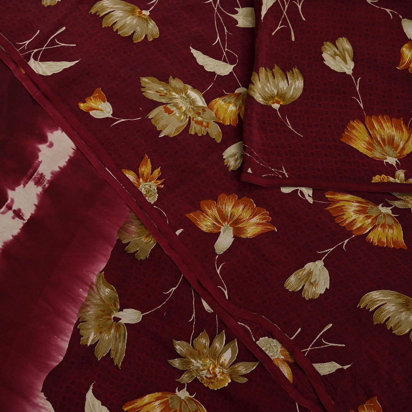 Indian Vintage Maroon Saree Pure Crepe Silk Printed Sari 5yd Sewing Floral Soft Craft Fabric Ethnic Wrap Dress making For Crafting Quilting