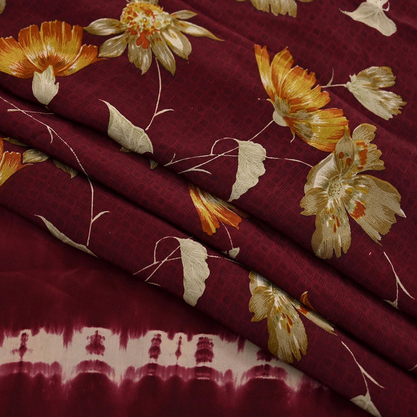 Indian Vintage Maroon Saree Pure Crepe Silk Printed Sari 5yd Sewing Floral Soft Craft Fabric Ethnic Wrap Dress making For Crafting Quilting