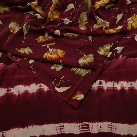 Indian Vintage Maroon Saree Pure Crepe Silk Printed Sari 5yd Sewing Floral Soft Craft Fabric Ethnic Wrap Dress making For Crafting Quilting