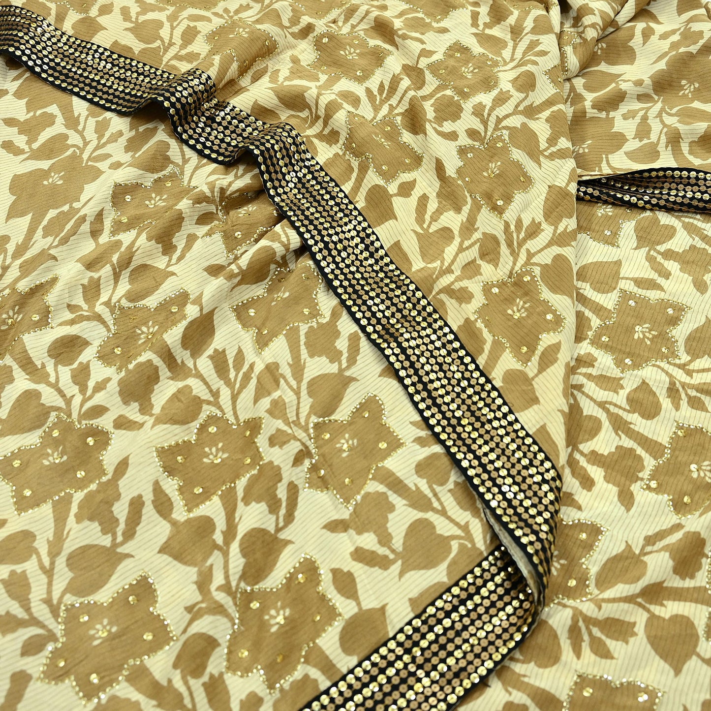 Indian Vintage Sari Beige Pure Crepe Silk Hand Embroidered Sarees 5yd Sewing Craft Fabric Dress Making Floral Sequins Upcycle Quilting