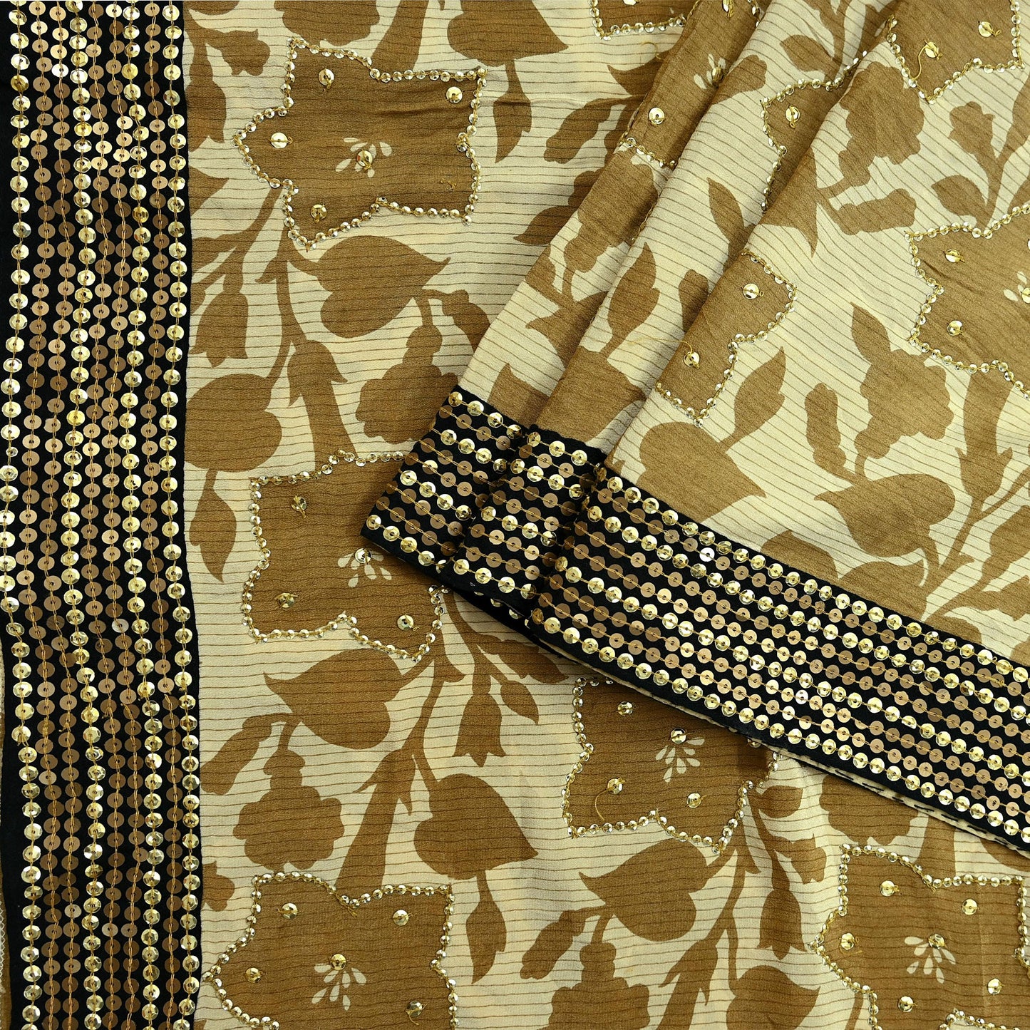 Indian Vintage Sari Beige Pure Crepe Silk Hand Embroidered Sarees 5yd Sewing Craft Fabric Dress Making Floral Sequins Upcycle Quilting