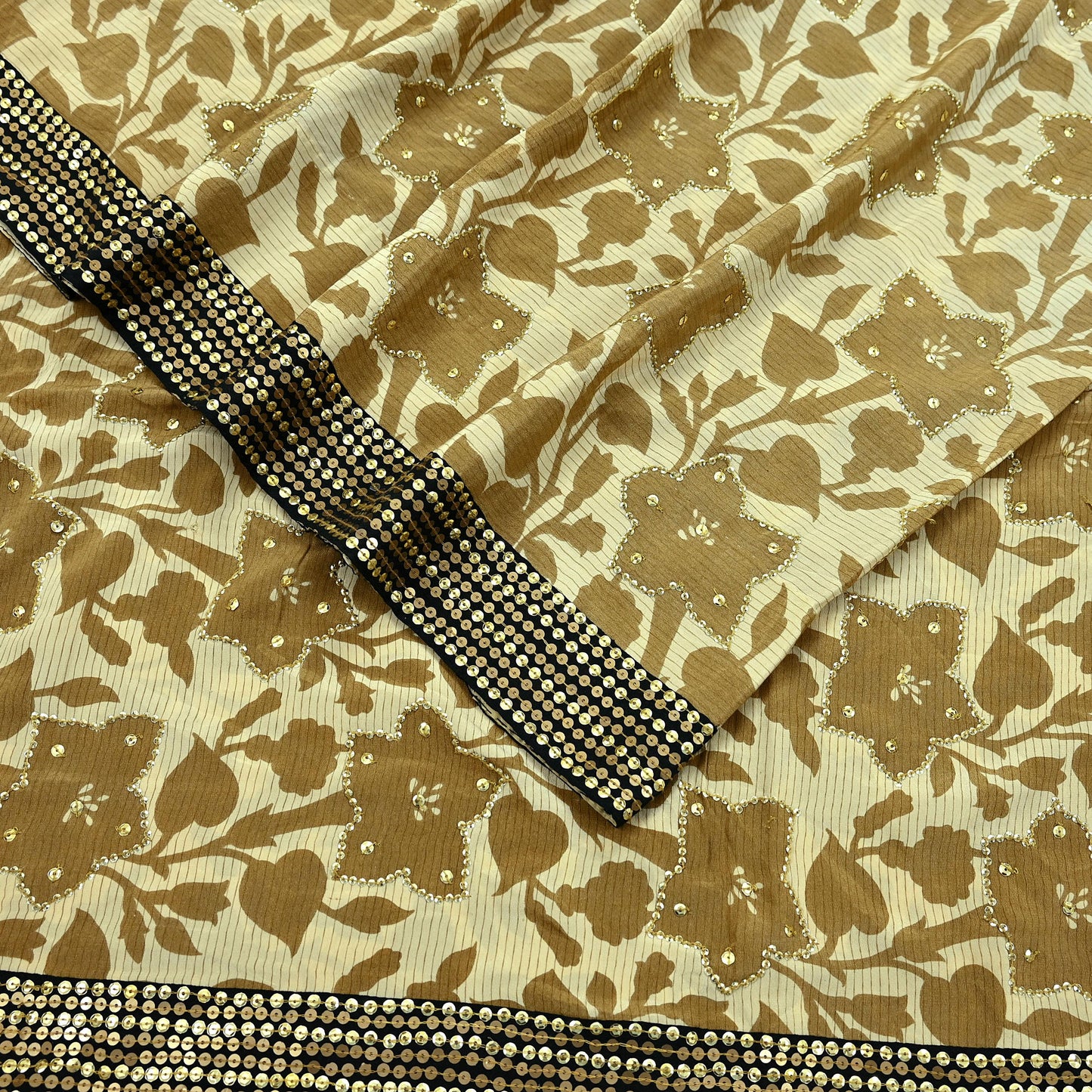 Indian Vintage Sari Beige Pure Crepe Silk Hand Embroidered Sarees 5yd Sewing Craft Fabric Dress Making Floral Sequins Upcycle Quilting