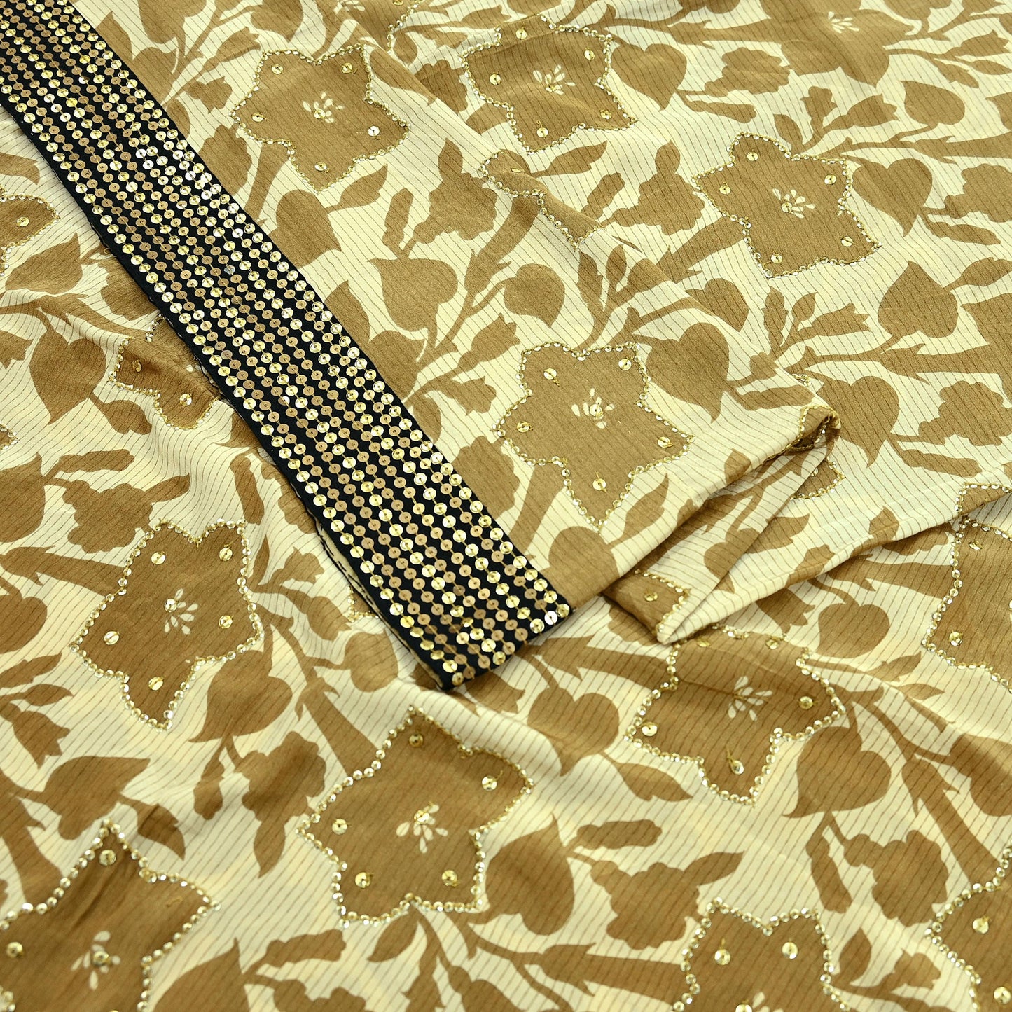 Indian Vintage Sari Beige Pure Crepe Silk Hand Embroidered Sarees 5yd Sewing Craft Fabric Dress Making Floral Sequins Upcycle Quilting