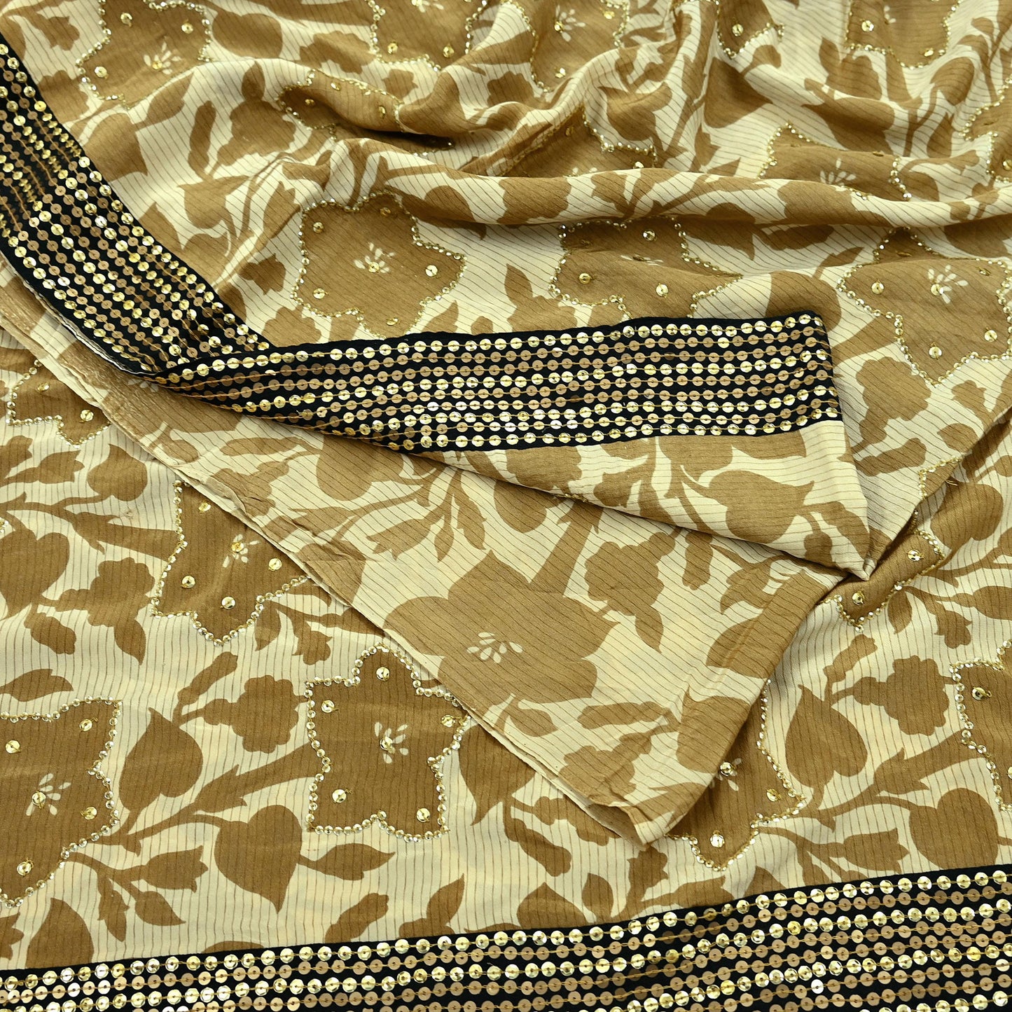 Indian Vintage Sari Beige Pure Crepe Silk Hand Embroidered Sarees 5yd Sewing Craft Fabric Dress Making Floral Sequins Upcycle Quilting