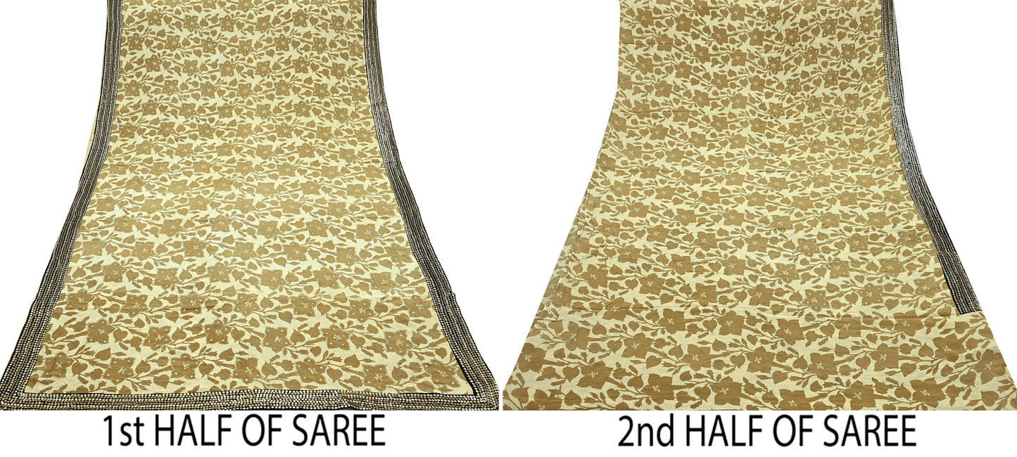 Indian Vintage Sari Beige Pure Crepe Silk Hand Embroidered Sarees 5yd Sewing Craft Fabric Dress Making Floral Sequins Upcycle Quilting