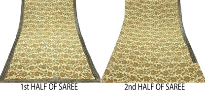 Indian Vintage Sari Beige Pure Crepe Silk Hand Embroidered Sarees 5yd Sewing Craft Fabric Dress Making Floral Sequins Upcycle Quilting
