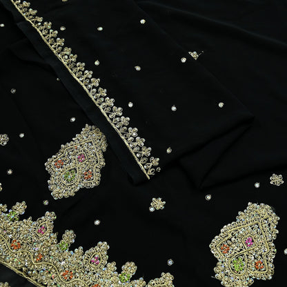 Indian Vintage Black Saree Georgette Hand Embroidered Sari Craft Fabric 5Yd Sewing Soft Ethnic Dress making Crafting Quilting Dabka