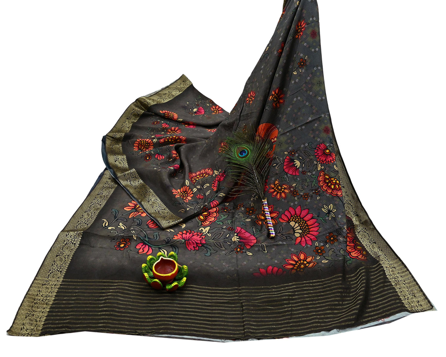 Indian Vintage Sari Brown Blend Silk Woven Digital Printed Saree Craft Fabric 6yd Sewing Soft Dress Designing Crafting Quilting Zari Border