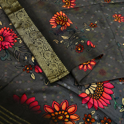 Indian Vintage Sari Brown Blend Silk Woven Digital Printed Saree Craft Fabric 6yd Sewing Soft Dress Designing Crafting Quilting Zari Border