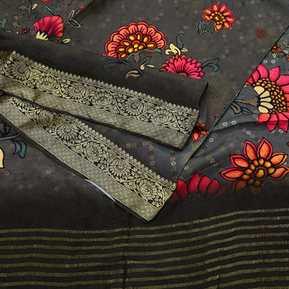 Indian Vintage Sari Brown Blend Silk Woven Digital Printed Saree Craft Fabric 6yd Sewing Soft Dress Designing Crafting Quilting Zari Border