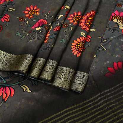 Indian Vintage Sari Brown Blend Silk Woven Digital Printed Saree Craft Fabric 6yd Sewing Soft Dress Designing Crafting Quilting Zari Border