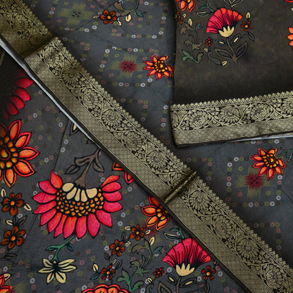 Indian Vintage Sari Brown Blend Silk Woven Digital Printed Saree Craft Fabric 6yd Sewing Soft Dress Designing Crafting Quilting Zari Border