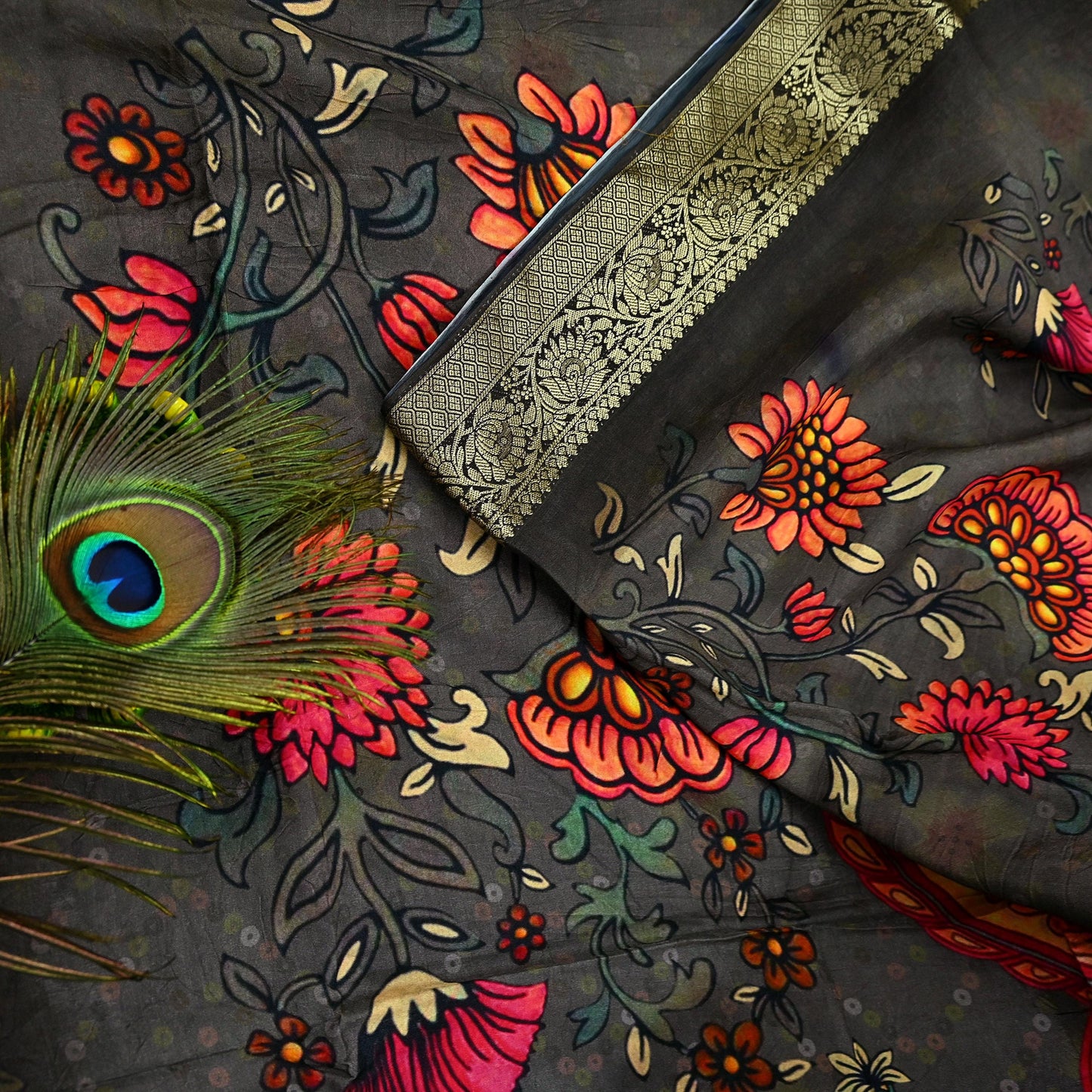 Indian Vintage Sari Brown Blend Silk Woven Digital Printed Saree Craft Fabric 6yd Sewing Soft Dress Designing Crafting Quilting Zari Border