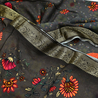 Indian Vintage Sari Brown Blend Silk Woven Digital Printed Saree Craft Fabric 6yd Sewing Soft Dress Designing Crafting Quilting Zari Border