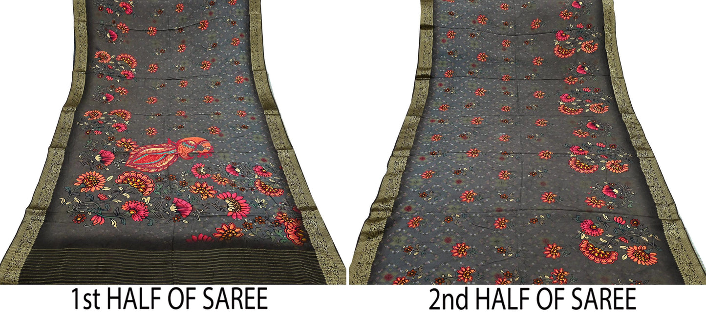 Indian Vintage Sari Brown Blend Silk Woven Digital Printed Saree Craft Fabric 6yd Sewing Soft Dress Designing Crafting Quilting Zari Border