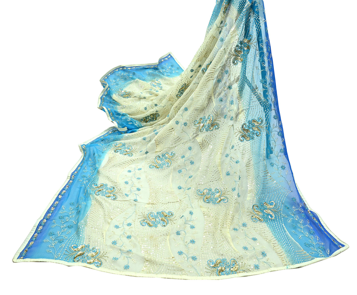 Indian Vintage Dupatta Blue & Ivory Pure Georgette silk Long Stole Embroidered Scarves Stole Veil Wrap Sequins Zari