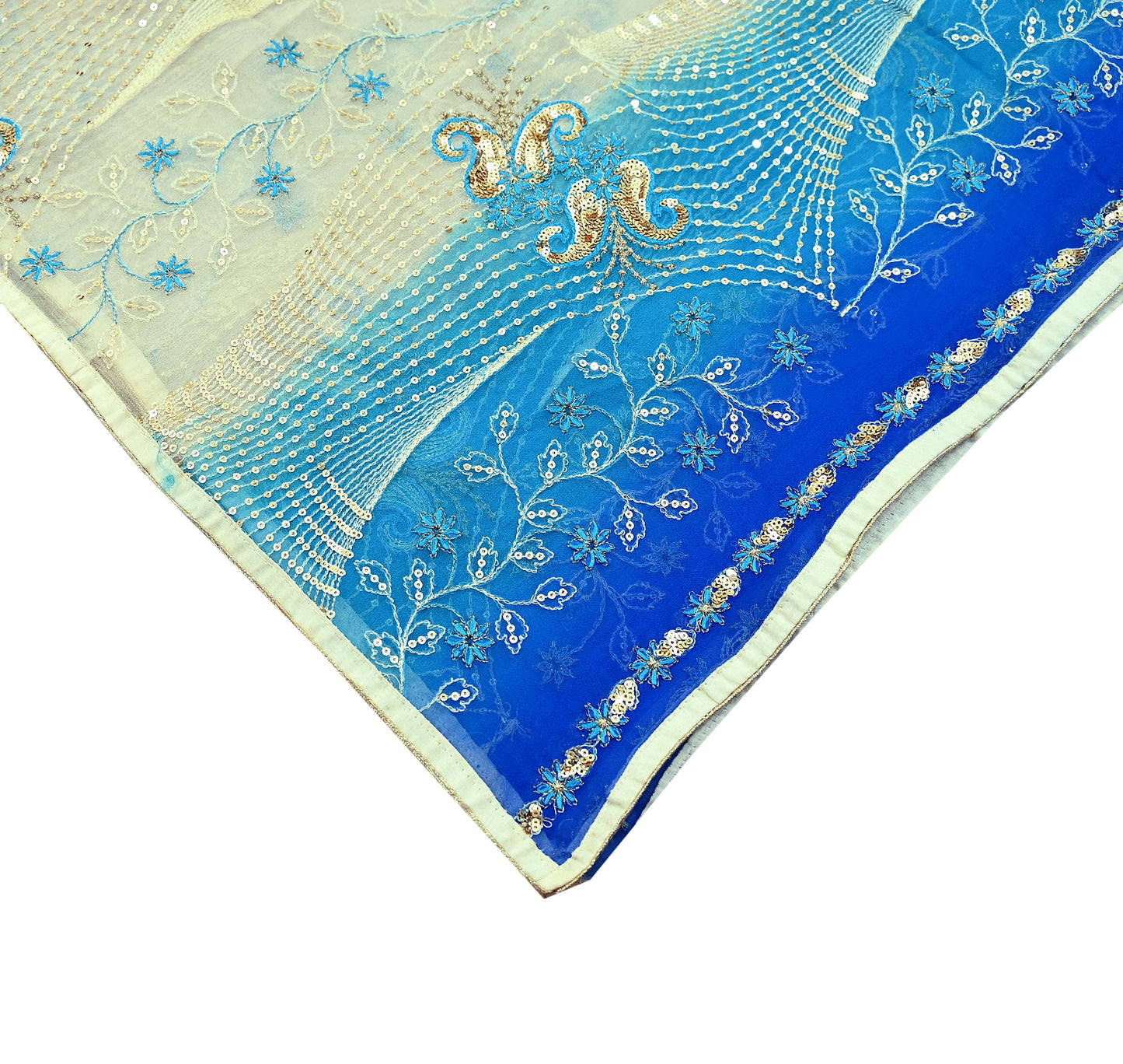 Indian Vintage Dupatta Blue & Ivory Pure Georgette silk Long Stole Embroidered Scarves Stole Veil Wrap Sequins Zari