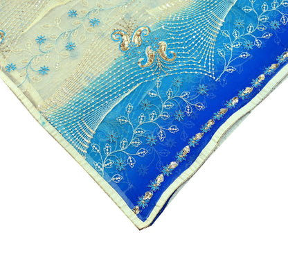 Indian Vintage Dupatta Blue & Ivory Pure Georgette silk Long Stole Embroidered Scarves Stole Veil Wrap Sequins Zari