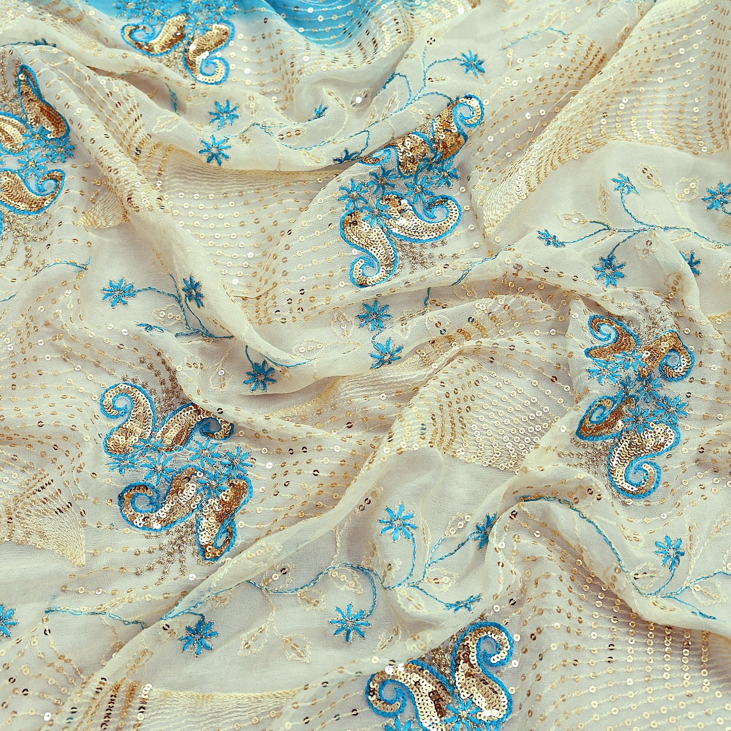 Indian Vintage Dupatta Blue & Ivory Pure Georgette silk Long Stole Embroidered Scarves Stole Veil Wrap Sequins Zari