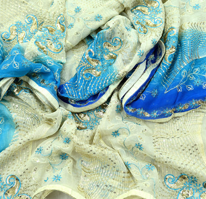 Indian Vintage Dupatta Blue & Ivory Pure Georgette silk Long Stole Embroidered Scarves Stole Veil Wrap Sequins Zari