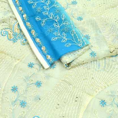 Indian Vintage Dupatta Blue & Ivory Pure Georgette silk Long Stole Embroidered Scarves Stole Veil Wrap Sequins Zari